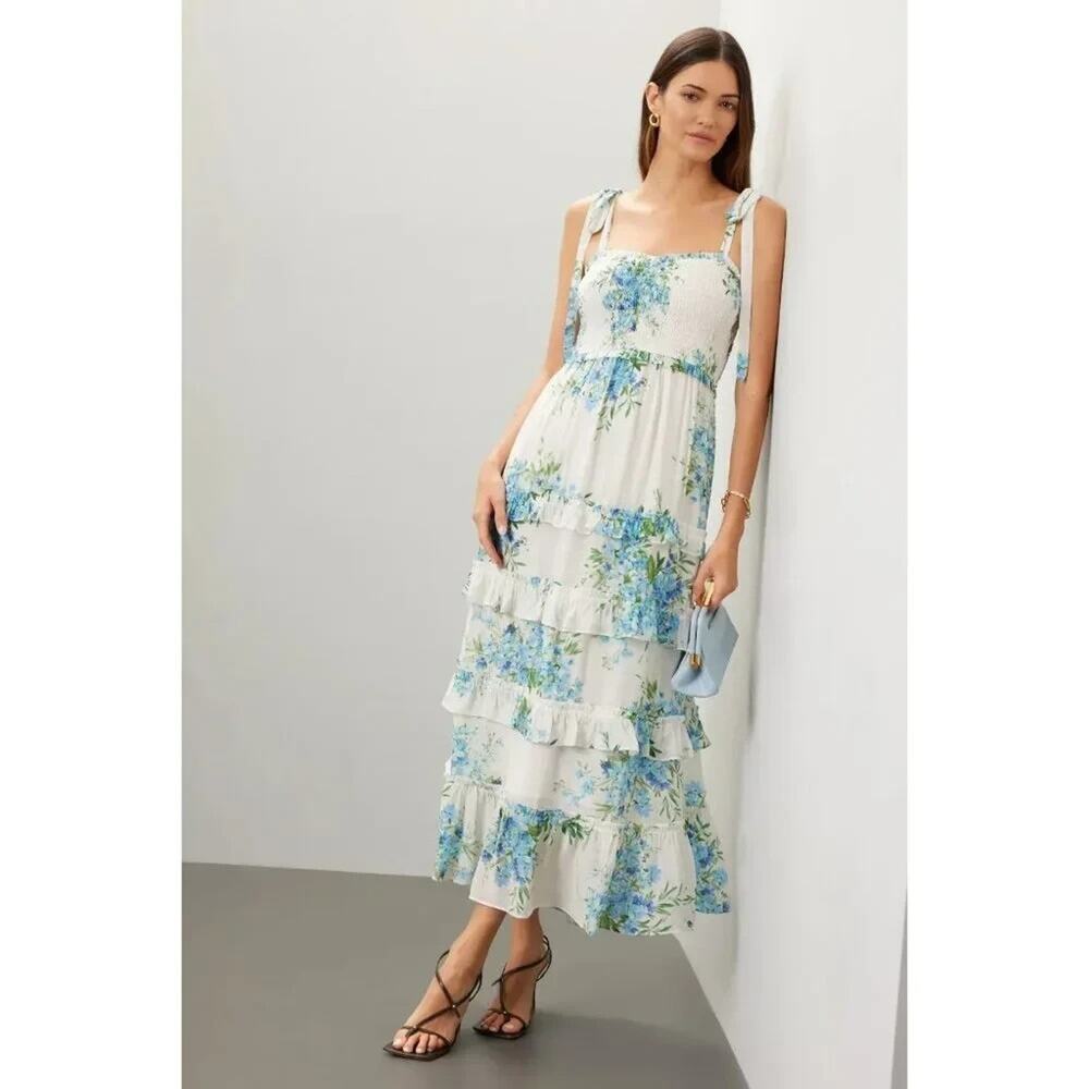 Yumi Kim Maxina Dress White Blue Floral Maxi Smocked Tiered Sleeveless Size S